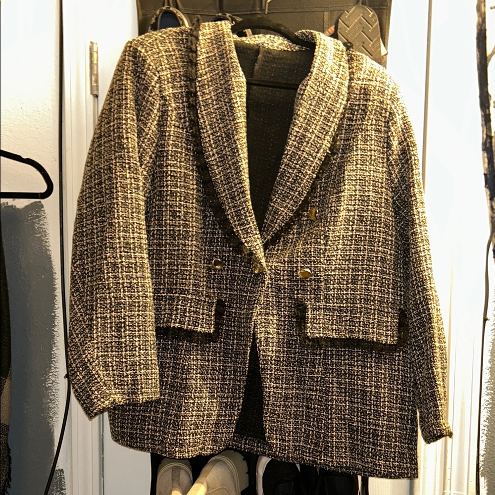 Womens Tweed Blazer Jacket - Black & White